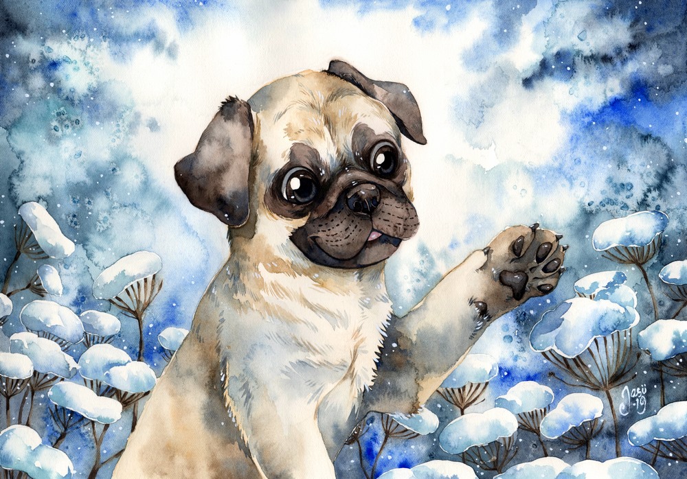 Original Painting - Pug in Winter